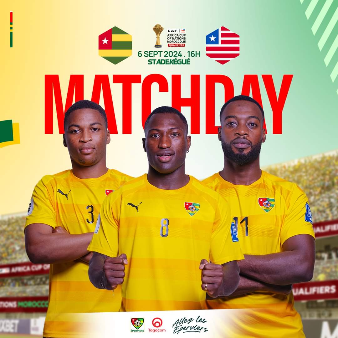 Jour de match !

Retrouvez à 16h au Stade de Kégué le coup d'envoi de TOGO🇹🇬 x LIBERIA🇱🇷 ! Premier match de qualification pour la CAN 2025 des Éperviers 🦅

#AllezLesEperviers
#TousAuStade 
#AFCONQ2025
