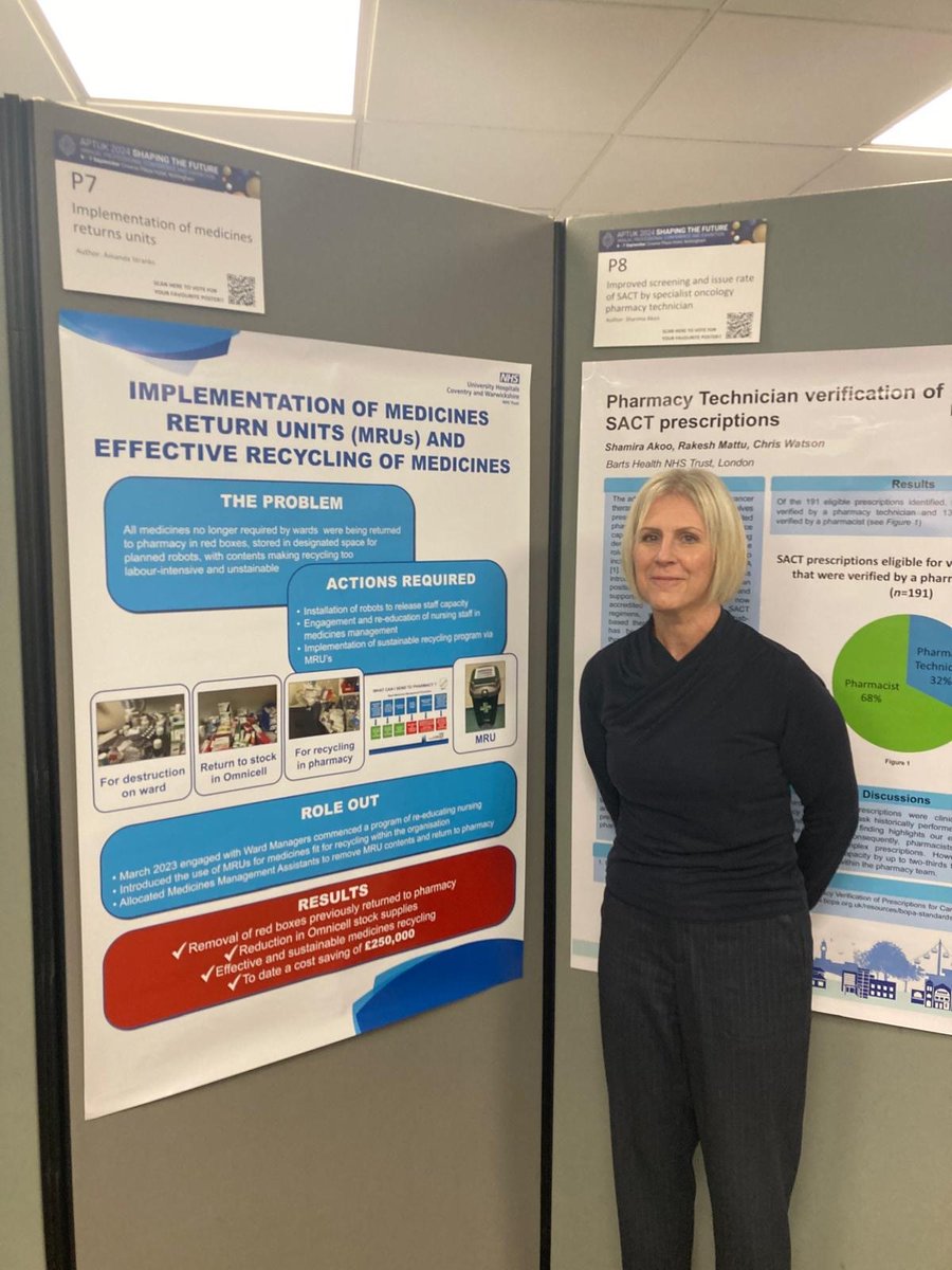 Our Associate Director of Pharmacy, Amanda is presenting their poster today at #APTUK2024 on our Medicines Return Unit implementation. Direct benefit realisation following the implementation of our <a href="/Omnicell/">Omnicell</a> robots last year.
<a href="/APTUK1/">APTUK</a> <a href="/nhsuhcw/">UHCW NHS Trust</a>