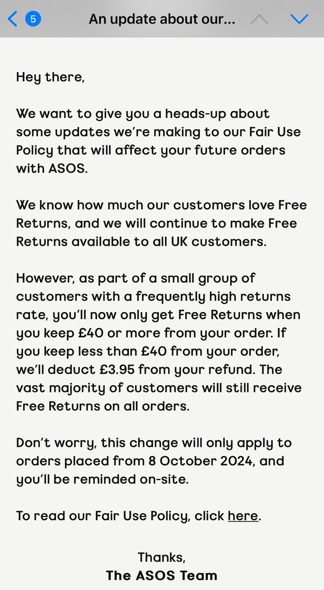 Wow. That’s me no longer using <a href="/ASOS_UK/">ASOS</a> and I hope everyone else who’s been sent this email does the same. Maybe if they made clothes that actually fit properly to the size they’re supposed to be or look like they did on the website I wouldn’t send as much back