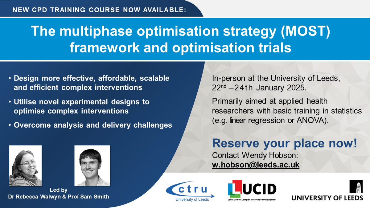 UK Society for Behavioural Medicine (@uksbm) on Twitter photo Do you want to build more effective, affordable, scalable & efficient complex interventions? New training for interventionists with an interest in trials led by @sgsmith_87. 22-24 January 2025, £525 (£425 early bird). Contact w.hobson@leeds.ac.uk to reserve your place! Do you want to build more effective, affordable, scalable & efficient complex interventions? New training for interventionists with an interest in trials led by @sgsmith_87. 22-24 January 2025, £525 (£425 early bird). Contact w.hobson@leeds.ac.uk to reserve your place!
