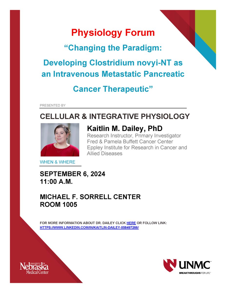 UNMC Physiology (@unmc_physiology) on Twitter photo Dr. Kaitlin Dailey will be presenting "Changing the Paradigm: Developing Clostridium novyi-NT as an Intravenous metastatic Pancreatic Cancer Therapeutic" at today's Physiology Forum. 11:00 a.m. in the Sorrell Center. @Gundrylab <a href="/UNMC_CHVR/">UNMC Center for Heart and Vascular Research</a> Dr. Kaitlin Dailey will be presenting "Changing the Paradigm: Developing Clostridium novyi-NT as an Intravenous metastatic Pancreatic Cancer Therapeutic" at today's Physiology Forum. 11:00 a.m. in the Sorrell Center. @Gundrylab <a href="/UNMC_CHVR/">UNMC Center for Heart and Vascular Research</a>