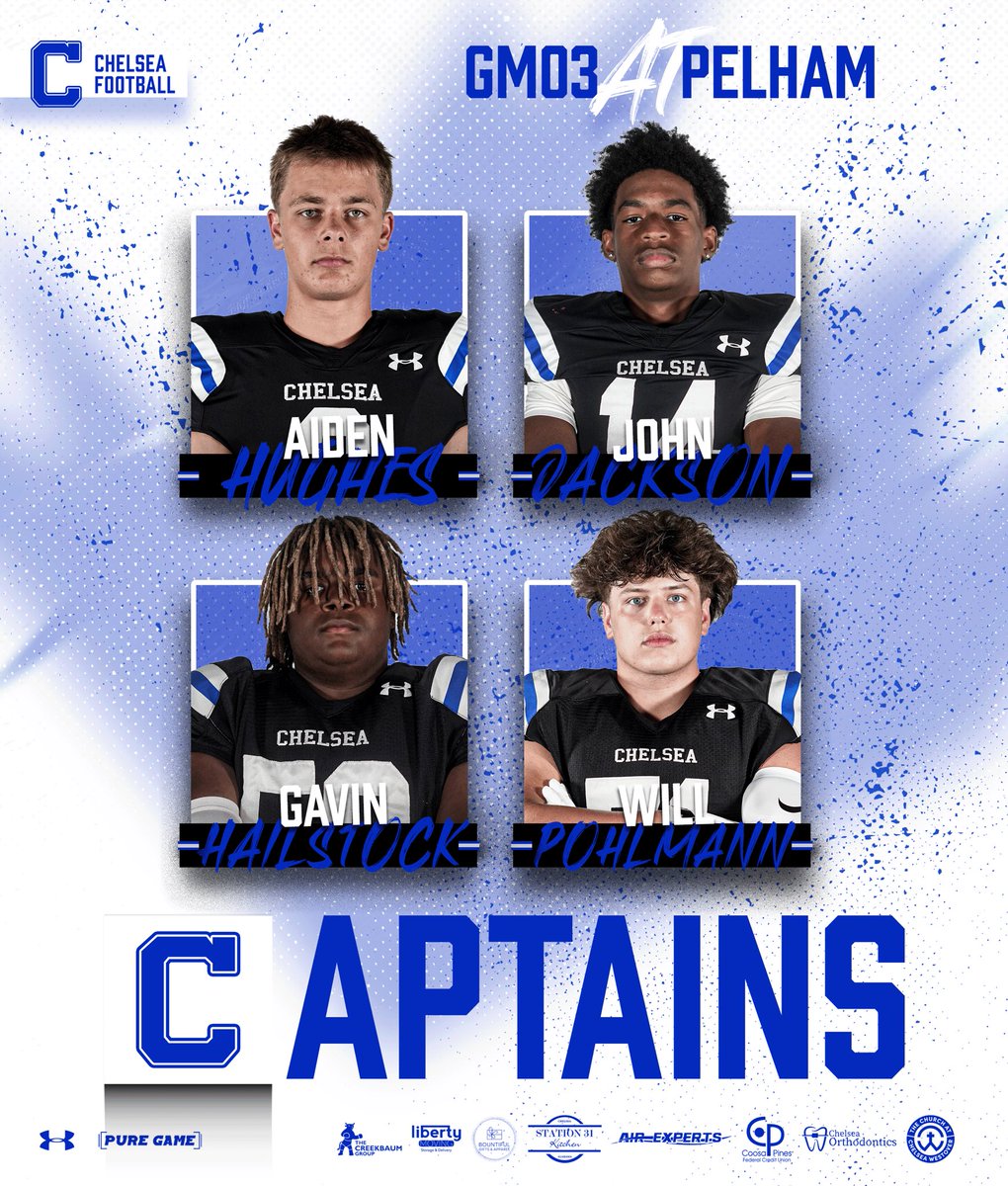 Chelsea High School Football (@chelseahornets) on Twitter photo Game 3 Captains🫡
<a href="/AidenHughes25/">Aiden Hughes</a>
<a href="/GHailstock2019/">Gavin Hailstock</a>
<a href="/PohlmannWill/">Will Pohlmann</a>
#ChelseaMade #ChelseaOverMe #TrueBlue Game 3 Captains🫡
<a href="/AidenHughes25/">Aiden Hughes</a>
<a href="/GHailstock2019/">Gavin Hailstock</a>
<a href="/PohlmannWill/">Will Pohlmann</a>
#ChelseaMade #ChelseaOverMe #TrueBlue