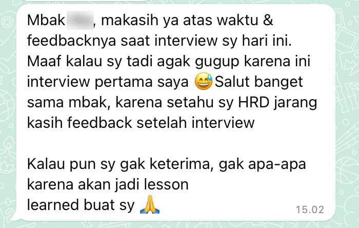 worksfess's tweet photo. wrk! Terharu banget td di WA kandidat kayak gini 🥹❤️

Surat terbuka buat HR dimanapun itu, klo ada kandidat yg nervous, jangan ketawain yaa. Simply kasih feedback aja. Siapa tahu nextnya dia bisa improve 👍 https://t.co/AzPzuJYhVx
