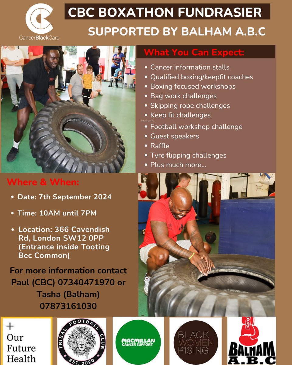 📍Join us for our Fundraising Boxathon 🥊

Hosted by @balhamboxingclub 

📅 Date: Saturday, September 7th

🕙 Time: 10 AM - 7 PM

📍 Location: 366 Cavendish Rd, London SW12 0PP (Entrance via Tooting Bec Common)

#Boxathon #Fundraiser #FightCancer #BoxingForACause #CommunityEvent