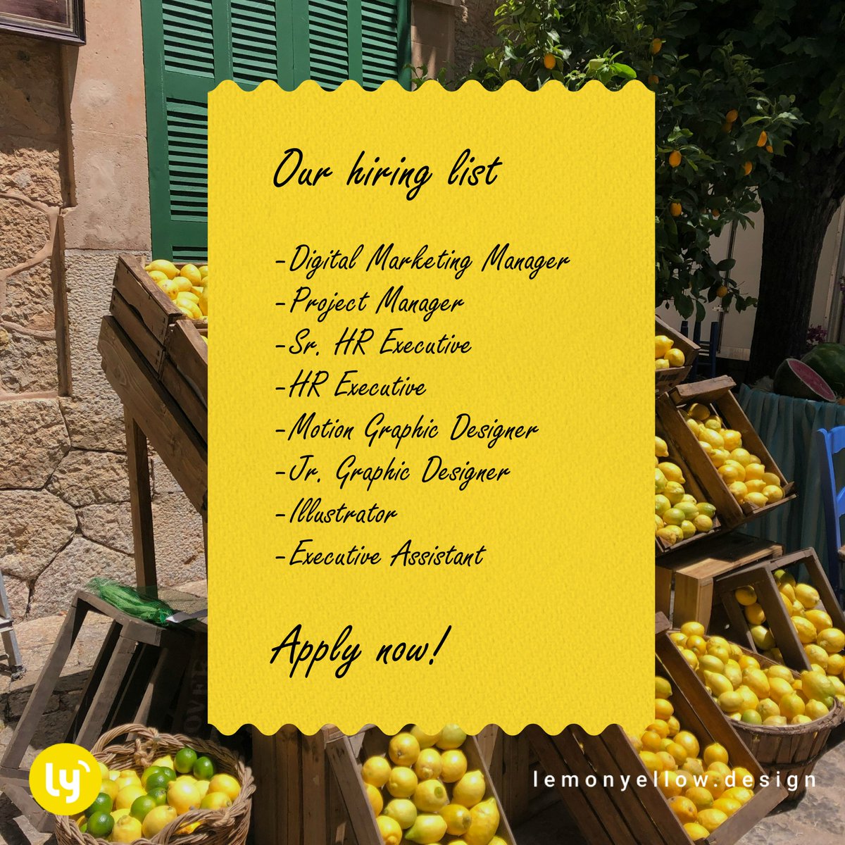 LemonYellowLLP's tweet photo. Are you the missing star ingredient we are looking for? Hop on quick, because we're cooking some delicious experiences and yours is the final touch we need.

Yes, we are hiring! Roll over to the link - https://t.co/ya4IEk8Zmt , and find your fit. See you on the other side ✨ https://t.co/POLtxb1CH9