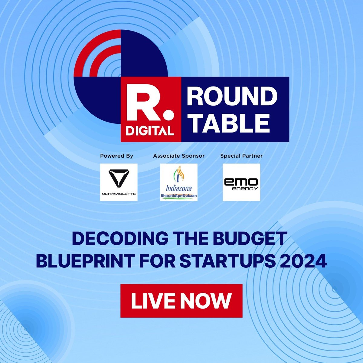republic's tweet image. The Republic Digital Roundtable Edition 1 – “Decoding the Budget Blueprint for Startups 2024” is now live

Watch us for insightful discussions: youtube.com/live/kibsK5i1F…\

#RepublicDigitalRoundTable | #DigitalRoundTable | #InvestmentOpportunities | #Startup | #Business |…
