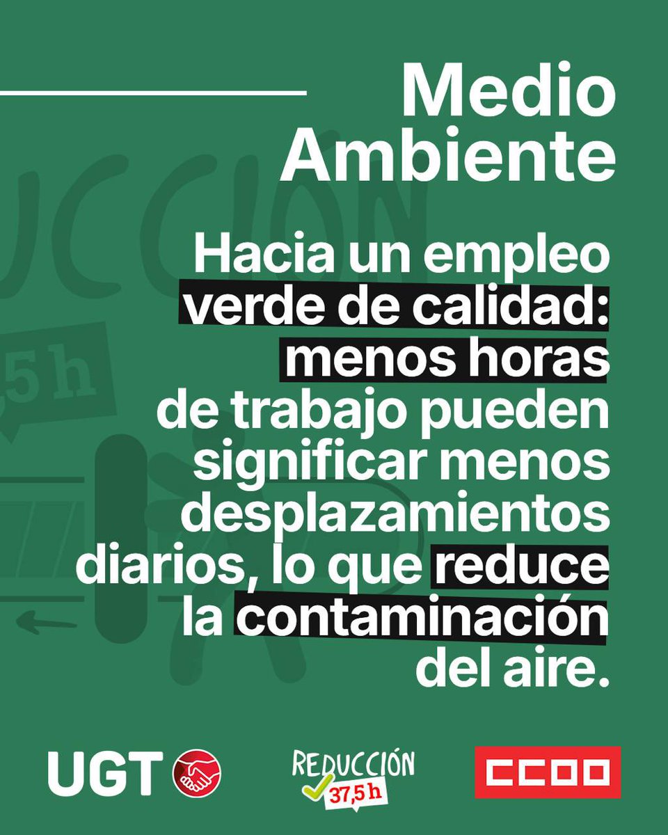 Medio Ambiente

Hacia un empleo verde de calidad ♻️, menos horas de trabajo pueden significar menos desplazamientos diarios 🚙 lo que reduce la contaminación del aire 💨 #ReducciónJornadaYA