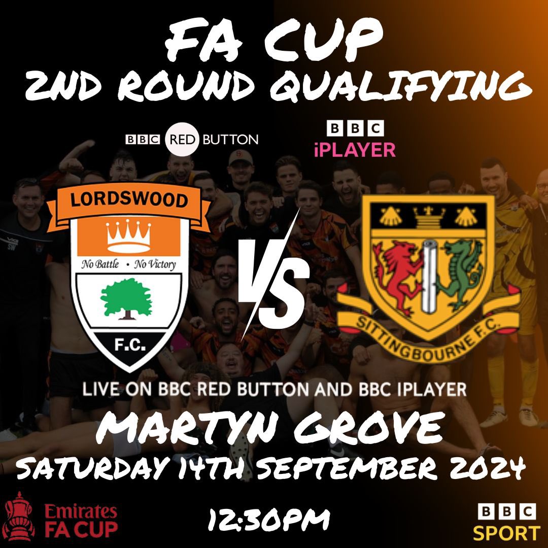 𝐋𝐎𝐑𝐃𝐒𝐖𝐎𝐎𝐃 𝐎𝐍 𝐓𝐇𝐄 𝐁𝐁𝐂 📺 

We are absolutely delighted to announce that our historic <a href="/EmiratesFACup/">Emirates FA Cup</a> Second Round Qualifying tie against <a href="/SittingbourneFC/">Sittingbourne FC</a> will be shown live on <a href="/BBCRedButton/">BBC Red Button</a> and <a href="/BBCiPlayer/">BBC iPlayer</a> 🤩

SATURDAY 14TH SEPTEMBER 2024
KICK OFF 12:30PM

🟠⚫️🪵