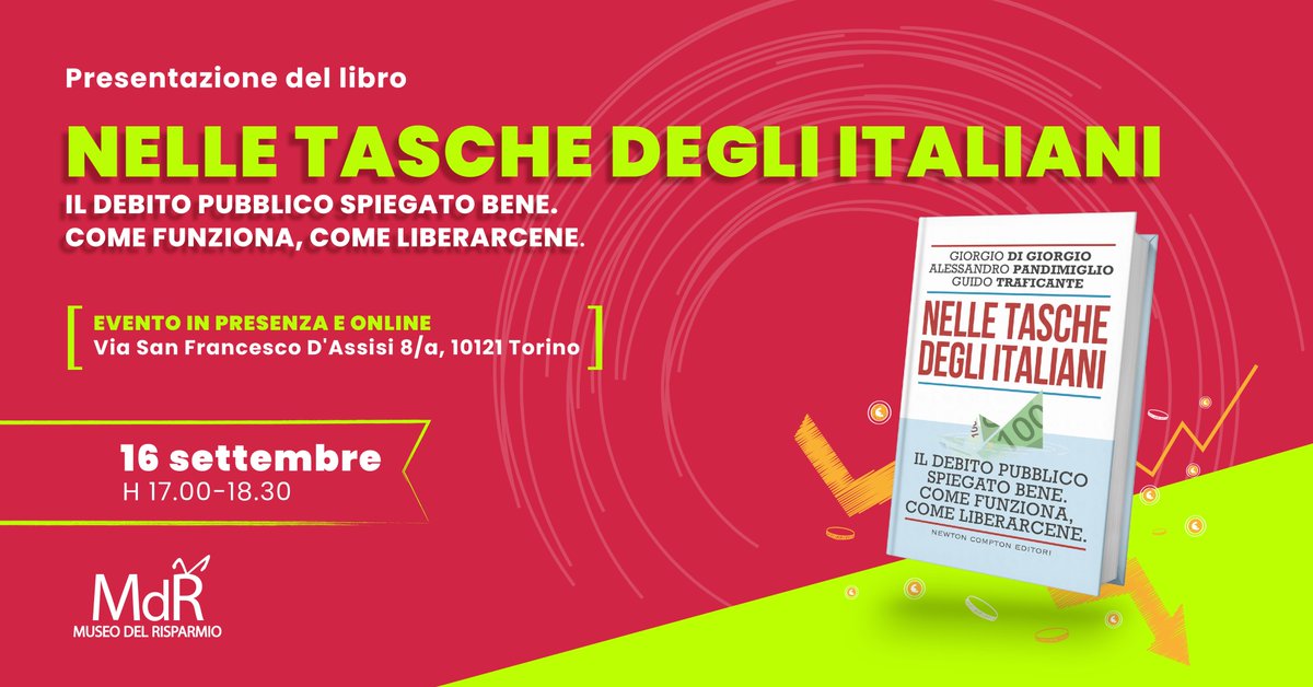 📅Lunedì 16/9,h 17, al Museo del Risparmio un incontro imperdibile su un tema che tocca tutti noi: il debito pubblico.
Con G. di Giorgio, E. Fornero <a href="/CollegioCA/">Collegio Carlo Alberto</a>, Gian Maria Gros-Pietro <a href="/intesasanpaolo/">Intesa Sanpaolo</a>. Un’occasione per capire meglio un tema cruciale👇 museodelrisparmio.it/nelle-tasche-d…
#MdR