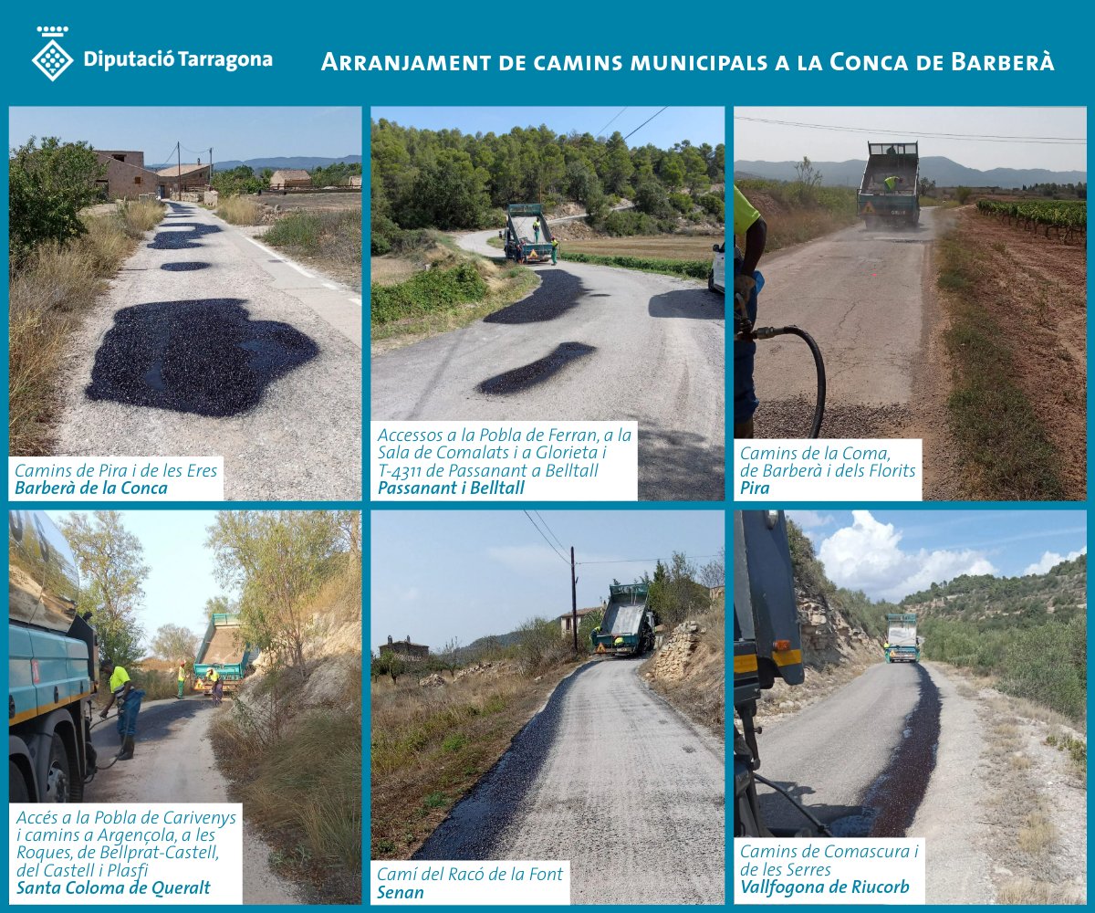 #CarreteresDipta 🚜🚵🚘Aquest dies hem arranjat diversos #camins i accessos a nuclis en 6 municipis de la #ConcadeBarberà, en el marc de l'assistència que presta la Diputació als #enslocals de la demarcació de #Tarragona
#DiptaSuma #MésPoble #CampdeTarragona