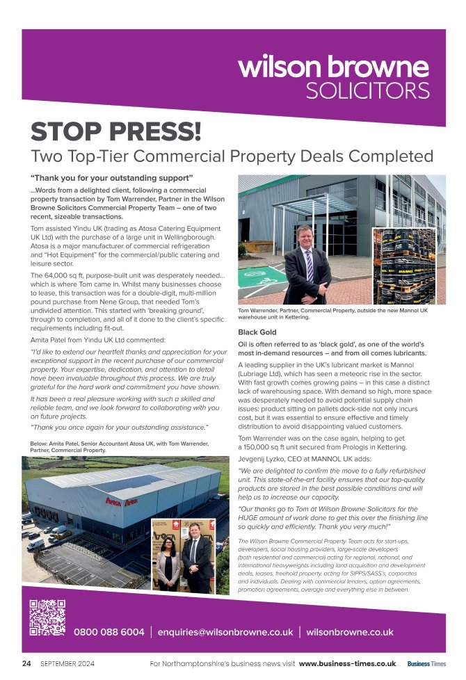 Thank you to Tom Warrender from <a href="/wilsonbrownelaw/">Wilson Browne</a> for his invaluable assistance in managing our commercial property transaction, in purchasing our new premises in Wellingborough.

As detailed in the lastest issue of Northampton Business Times.

#atosa #catering