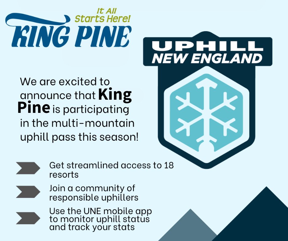 KingPineSkiArea's tweet image. NEW FOR 2024-2025! King Pine will be partnering with Uphill New England to offer their multi-ski resort uphill pass, providing streamlined access to 17+ ski resorts across New England. For more information and to purchase visit 👉 uphillnewengland.org/shop. #Uphill ⬆️🏔️⛷️