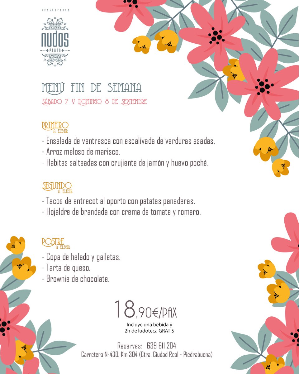 👨‍👩‍👧‍👦 Fin de Semana Familiar en Nudos Plaza 👨‍👩‍👧‍👦

Este fin de semana, disfruta de un menú delicioso por solo 18,90€, que incluye una bebida y 2 horas de ludoteca GRATIS para los niños (de 3 a 14 años). ¡Una experiencia que no puedes dejar pasar!

📞 Reserva ya: 639 611 204