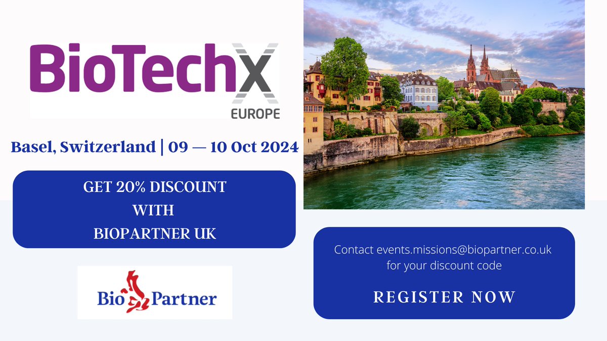 BioPartner's tweet image. #Basel Calling! Get your ticket to #BioTechXEurope with @BioPartner at 20% discount: lnkd.in/e69YjeQw

This premier event will cover #diagnostics, #precisionmedicine, and digital transformation in pharmaceutical development and #healthcare.

#Lifescience #Biotech #Pharma