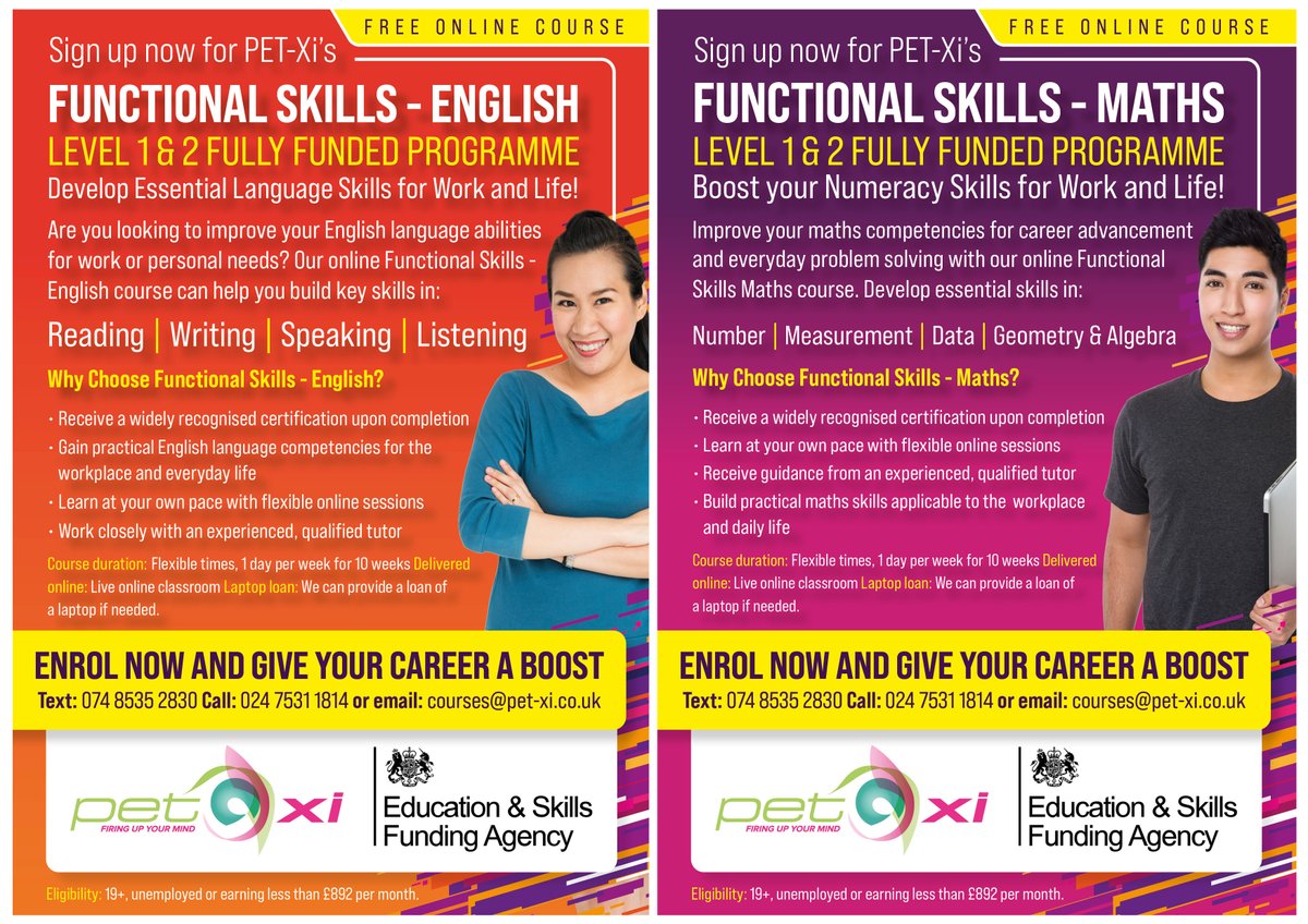 PET-Xi (@petxitraining) on Twitter photo FREE ONLINE SKILLS COURSES!
English Level 1 & 2
English L1 – Wed 18th Sept
English L2 – Thurs 19th Sept
Maths Level 1 & 2
Maths L1 – Mon 16th Sept
Maths L2 – Tue 17th Sept
1 day per week for 10 weeks
Call: 024 7531 1814 or email: courses@pet-xi.co.uk FREE ONLINE SKILLS COURSES!
English Level 1 & 2
English L1 – Wed 18th Sept
English L2 – Thurs 19th Sept
Maths Level 1 & 2
Maths L1 – Mon 16th Sept
Maths L2 – Tue 17th Sept
1 day per week for 10 weeks
Call: 024 7531 1814 or email: courses@pet-xi.co.uk