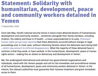 Saferworld's tweet photo. An attack on those working for peace and development is an attack on democracy. We join 154 organisations &amp; individuals to urge the authorities to guarantee humane treatment &amp; demand the immediate release of all detained workers in #Yemen.

🔗 https://t.co/UgE0HGnZyL #YemenCrisis https://t.co/l9mSUfoLet