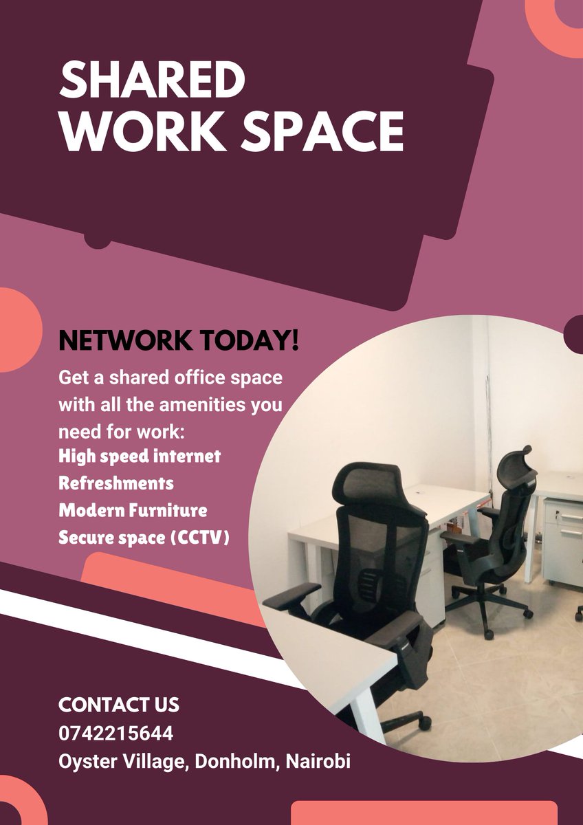 AkbNairobi's tweet photo. Your perfect spot to innovate and connect.
Maximize your productivity in a distraction-free environment with controlled access ensuring your work and information are safe.
#KPLC #Starlink #MoraraSponsor #juja #arrest #safaricom #mutinda https://t.co/vqGDSd8Axi