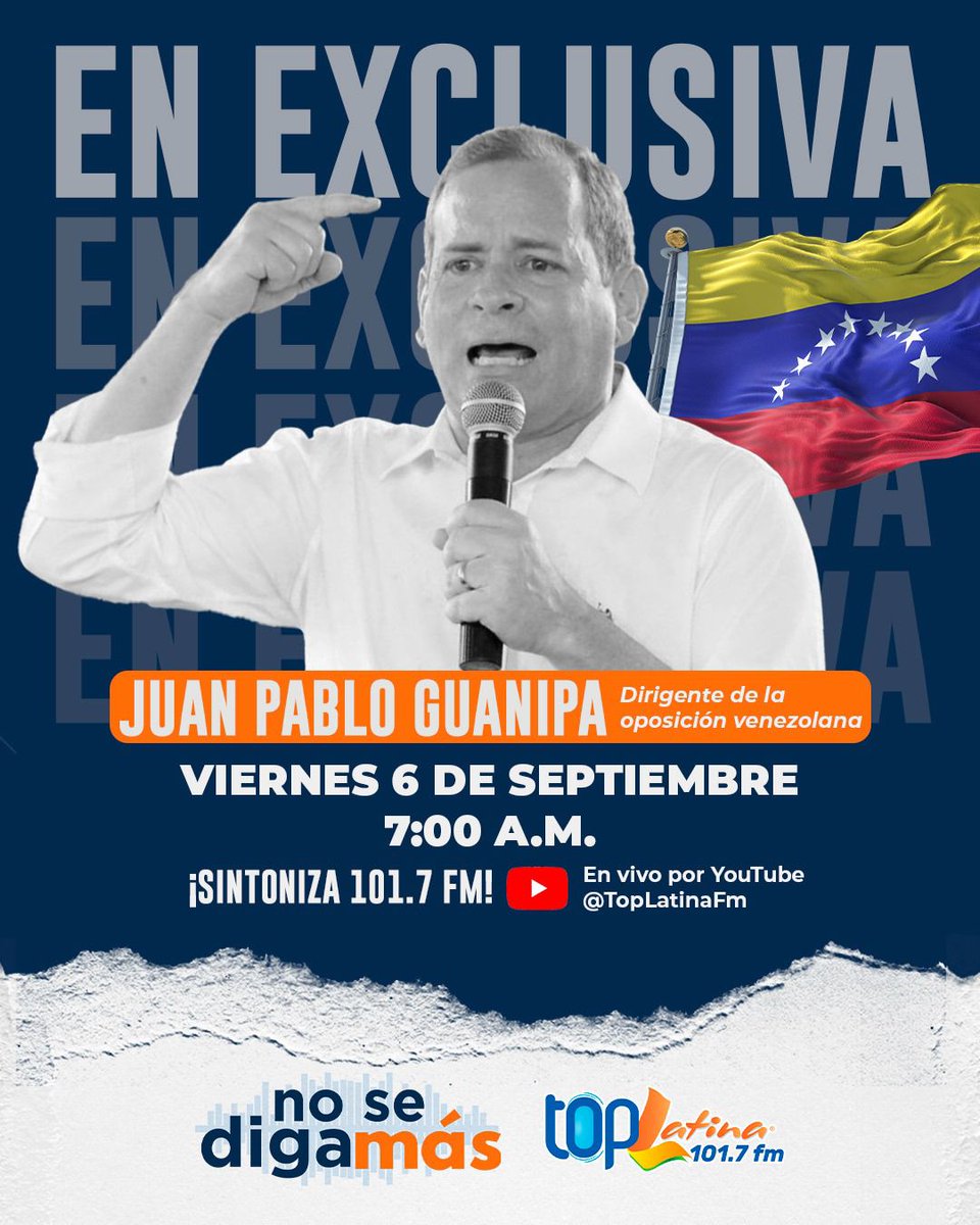En breve, en nuestro programa <a href="/NosedigamasRD/">No Se Diga Más Radio</a> y a través del canal de Youtube de <a href="/toplatinafm/">Top Latina 101.7 FM</a> ENTREVISTA EXCLUSIVA con el líder de la oposición venezolana <a href="/JuanPGuanipa/">Juan Pablo Guanipa</a> 7:30 a.m.