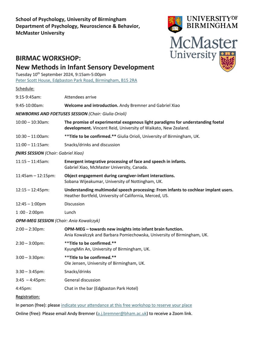 Birmingham BabyLab (@bbabylab) on Twitter photo Few spaces available for the “New Methods in Infant Sensory Development” (free) workshop on 10th September at the University of Birmingham. We will talk about exciting new research with #fNIRS, #OPMs, #EEG, #newborns and #foetuses! <a href="/fNIRS2024/">fNIRS2024</a> <a href="/UoB_SoP/">School of Psychology, University of Birmingham</a> <a href="/UoB_CDS/">UoB Centre for Developmental Science</a> <a href="/TheCHBH/">The Centre for Human Brain Health</a> Few spaces available for the “New Methods in Infant Sensory Development” (free) workshop on 10th September at the University of Birmingham. We will talk about exciting new research with #fNIRS, #OPMs, #EEG, #newborns and #foetuses! <a href="/fNIRS2024/">fNIRS2024</a> <a href="/UoB_SoP/">School of Psychology, University of Birmingham</a> <a href="/UoB_CDS/">UoB Centre for Developmental Science</a> <a href="/TheCHBH/">The Centre for Human Brain Health</a>