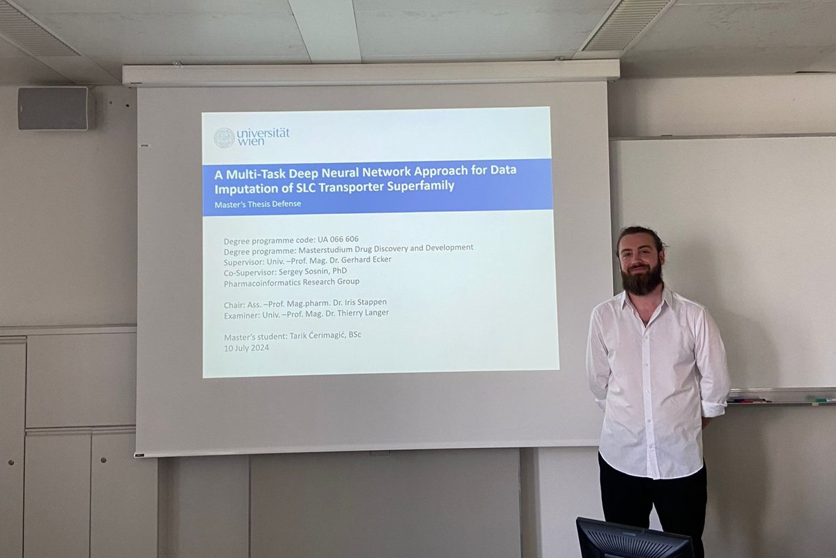 Tarik Ćerimagić successfully defended his master thesis: "A Multi-Task Deep Neural Network Approach for Data Imputation of SLC Transporter Superfamily". Congratulations for obtaining your master's degree in Drug Discovery and Development! 
#pharminfo #AI
pharminfo.univie.ac.at/news-archive/d…