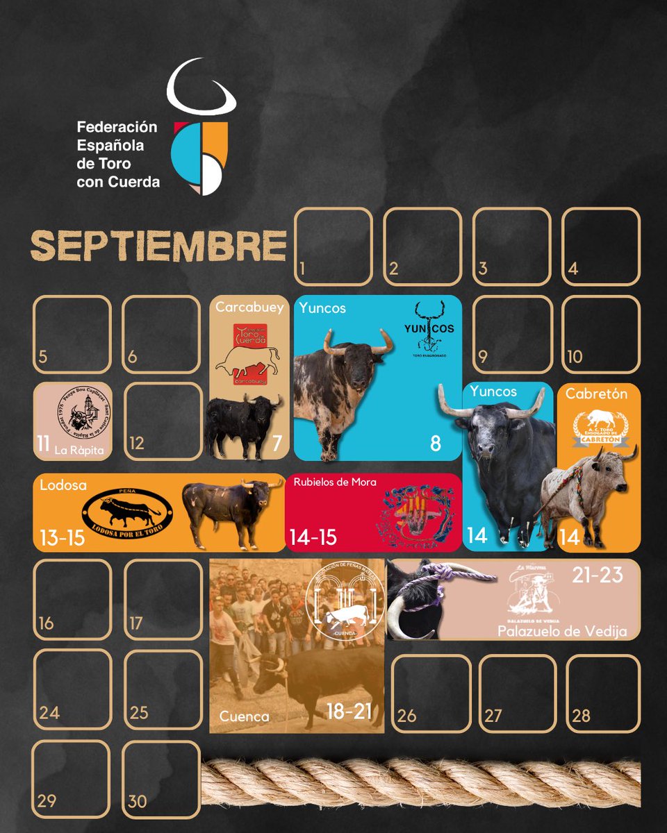 FETorodeCuerda's tweet photo. 🗓️ 𝐄𝐋 𝐂𝐀𝐋𝐄𝐍𝐃𝐀𝐑𝐈𝐎 𝐃𝐄 𝐋𝐀 𝐂𝐔𝐄𝐑𝐃𝐀 

Os dejamos por aquí el calendario con todos los actos que han preparado nuestros socios en este mes de 𝘀𝗲𝗽𝘁𝗶𝗲𝗺𝗯𝗿𝗲, un mes repleto de toros de cuerda a lo largo y ancho de nuestro país 🤘🏼☀️

#TorodeCuerda #TorodeVida https://t.co/nnig6mdhGX