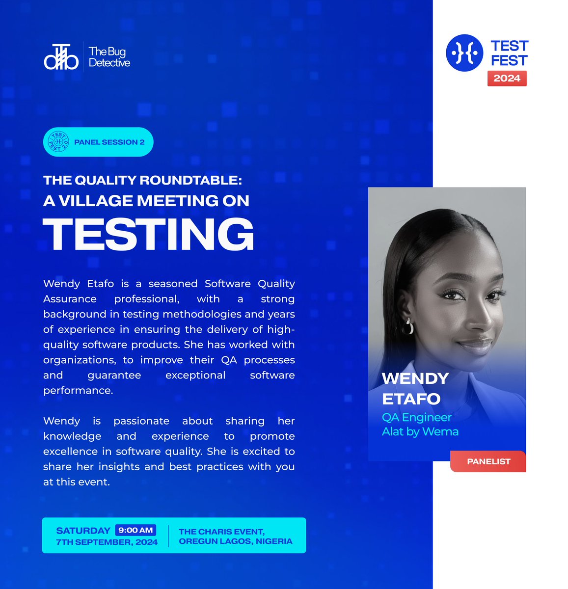 TestFest_'s tweet image. Meet Wendy Etafo, a QA Guru! With years of experience in software testing, Wendy is dedicated to delivering top-notch software products.

She’s helped organizations boost their QA game and is now ready to share her expertise with you! Join us to learn from her insights
#TestFest