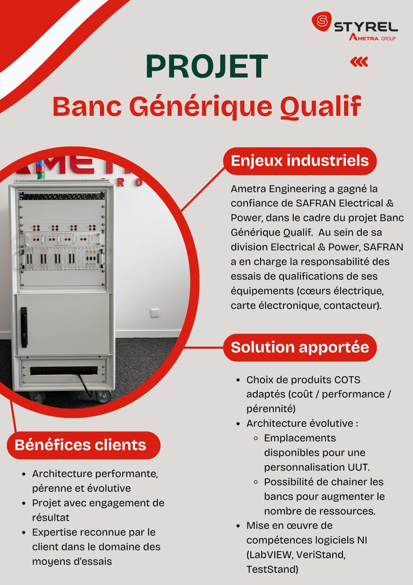 Nous sommes fiers de vous présenter la fiche projet du premier Banc de test intégré au sein de STYREL Bordeaux ✨ 

<a href="/AMETRAInge/">Ametra Engineering</a> a gagné la confiance de <a href="/SAFRAN/">Safran</a> Electrical &amp; Power, pour le projet Banc Générique Qualif.

Au sein de sa division Electrical &amp; Power, SAFRAN est