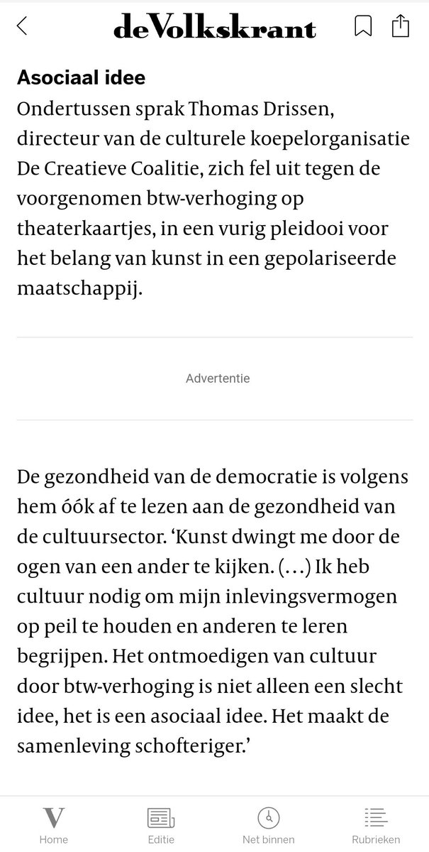 'Kunst dwingt me door de ogen van een ander te moeten kijken (..) De btw verhogen is daardoor niet alleen een slecht idee, het is een asociaal idee'

Gisteren opende ik het theaterseizoen met de oproep: stel een daad!

Terugkijken? m.youtube.com/watch?v=fy_p2x…

#geenhogerebtw