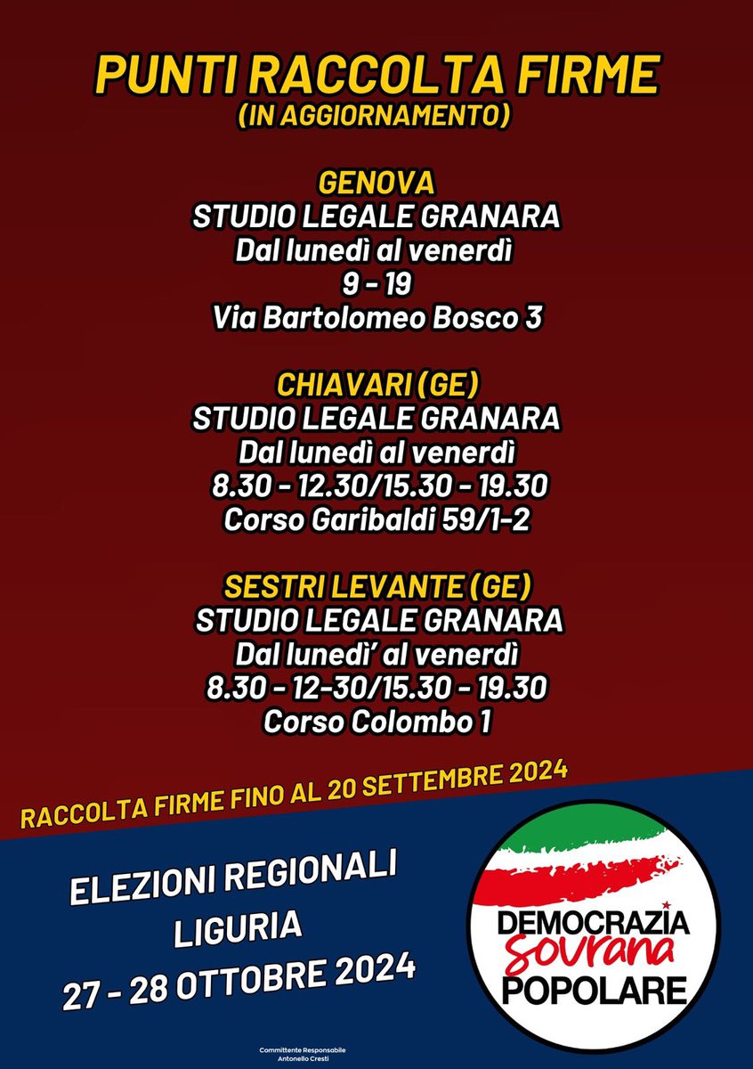 Militanti e simpatizzanti che abitate in provincia di Genova, ANDATE A FIRMARE e fate firmare per Francesco Toscano presidente con Democrazia Sovrana Popolare. Tra poco gli indirizzi anche per le altre province della Liguria. (Fate girare, grazie)