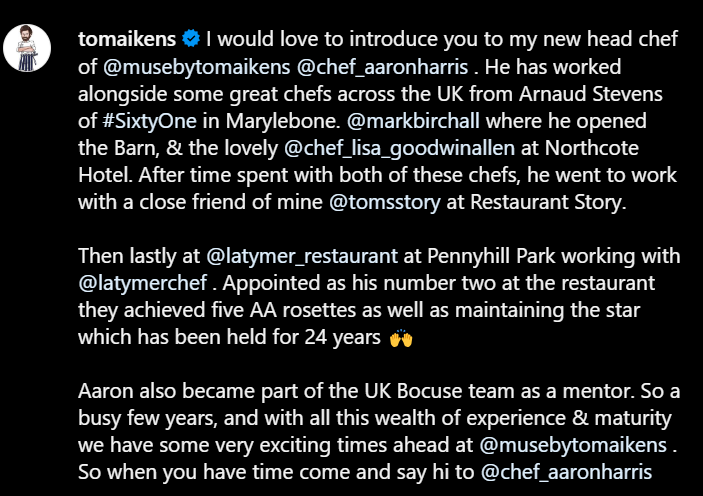 LeeHarris's tweet photo. OMG! My little brother is the new Head Chef of @MusebyTomAikens in Belgravia, London.

Tom Aikens is one of the UK's most acclaimed and inspirational British chefs.

Aaron has worked so hard to get where he is today. I couldn't be more proud right now.

Love you @Chef_Aaron86 ❤️ https://t.co/8GkbPaqIhM