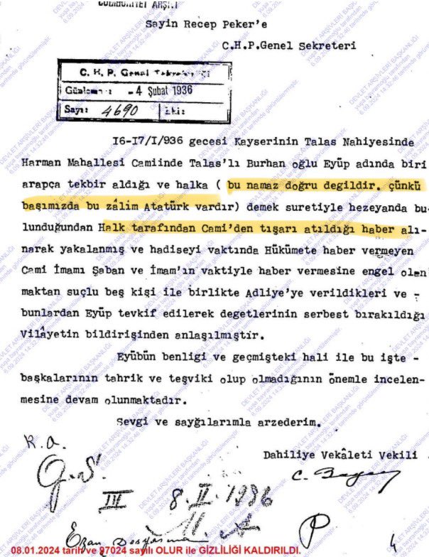 Cumhuriyet arşivinde bir konu için araştırma yaparken enteresan bir belgeye denk geldim. Sizlerle de paylaşmak istedim. 1936 yılında Kayseri’nin Talas kazasında Harman Mahallesi camiinde Eyüp isminde biri kanunen yasak olduğu halde Arapça tekbir getirip halka da “ bu namaz doğru