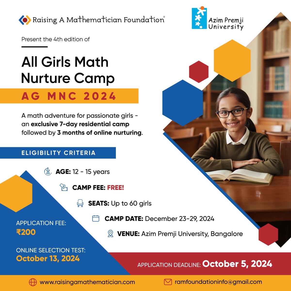 raisingamath's tweet image. The All Girls Math Nurture Camp (AG MNC) is back and this year, it’s Residential in Bangalore!
Apply before: October 5, 2024 For more details and to apply visit, raisingamathematician.com

#Girlscamp #residentialcamp #RAMF #girlsinstem #agmnc2024
#agmnc #ramcamps