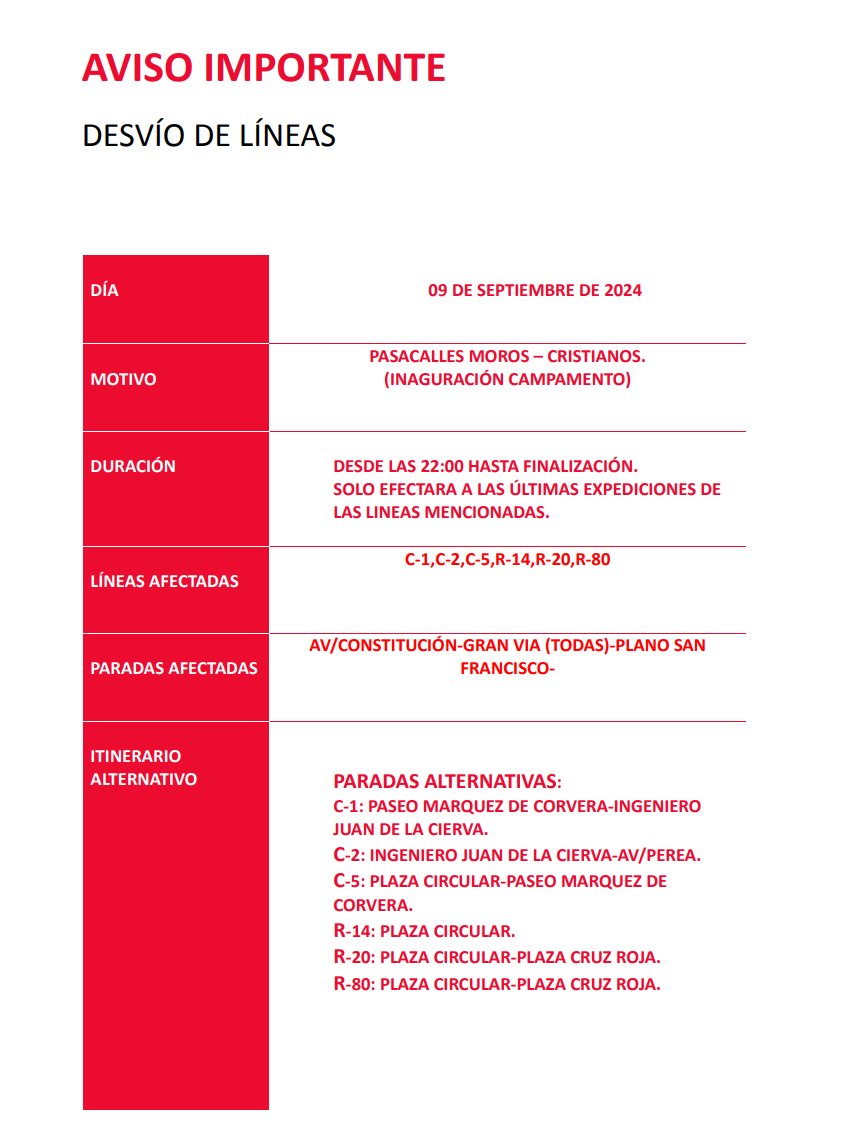 ⚠️ AVISO IMPORTANTE ⚠️

Desvío de líneas por Fiestas de Murcia.

🗓️9 de septiembre
🕙Desde las 22:00 a finalización

Disculpen las molestias.