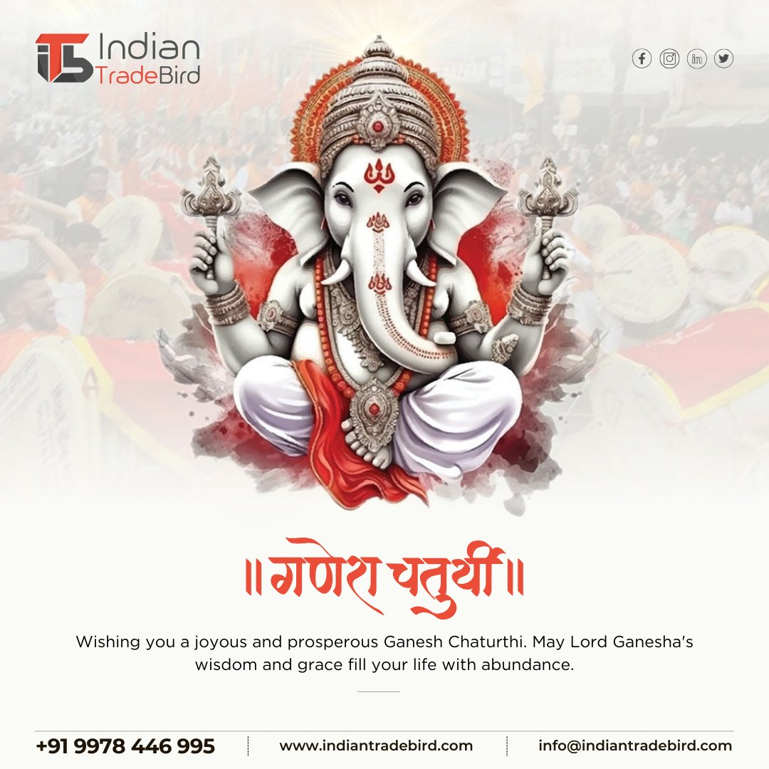 ITBTradeBird's tweet photo. Let's celebrate the birth of the remover of obstacles. May Lord Ganesha bestow his blessings upon you and your family. Happy Ganesh Chaturthi! 🎉🙏 

#GaneshChaturthi #GanpatiBappaMorya #LordGanesha #Festival #Celebration #Blessings #itb #tradebird #machinery #b2b @follower https://t.co/3t7FT8QvMo