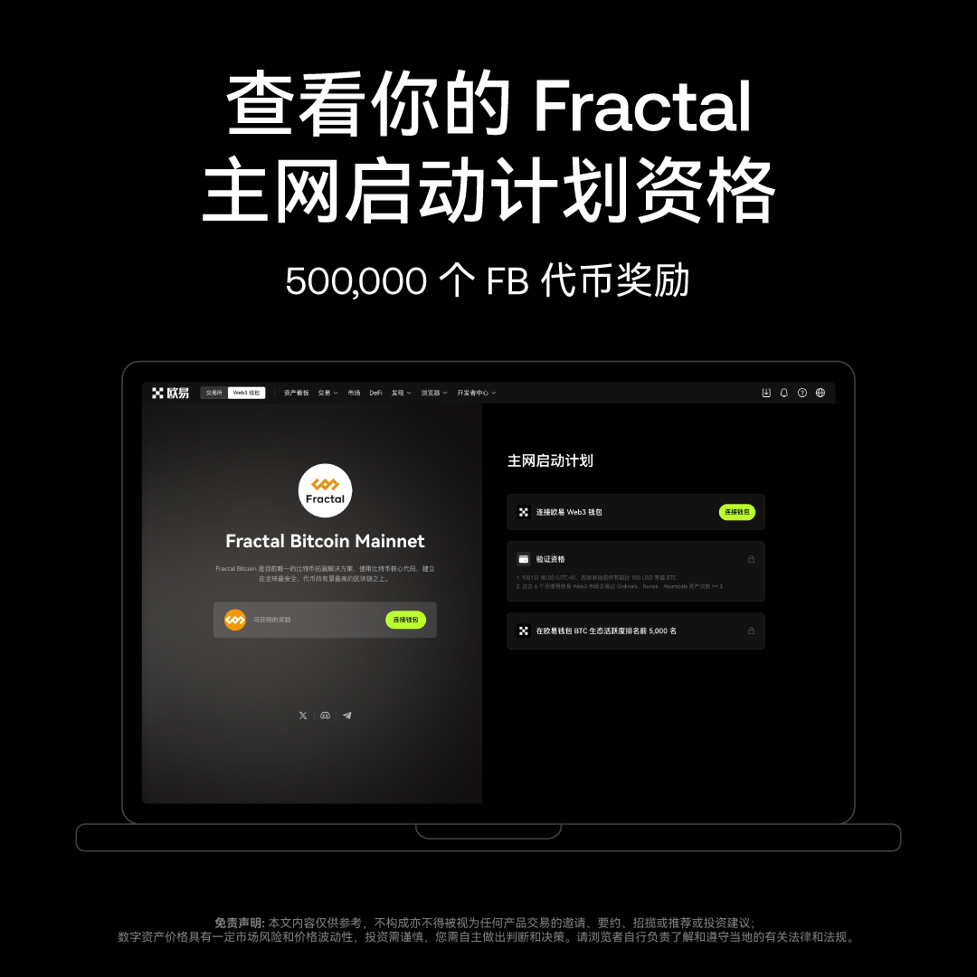 fractal_bitcoin 主网启动计划现已开放资格查询！ 50万枚FB 代币将于主网上线时发放给满足条件的#OKXWeb3 钱包用户！ 🔗  验证领取资格：https://t.co/YJQ15VrudS 🏄‍♀️用#OKXWallet 玩转BTC生态