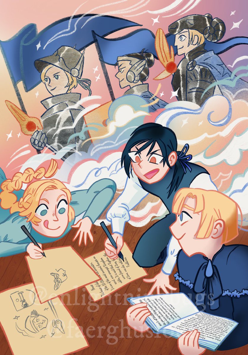 enlightningbugs's tweet image. Here is the full page I illustrated for @faerghusfour earlier this year 💙🩵💚🧡 please enjoy this heartwarming middle school historical fiction self-insert moment
