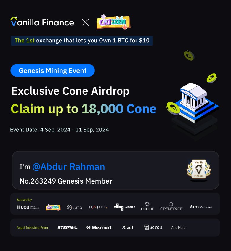 #VanillaFinance is the 1st exchange that lets you own 1 Bitcoin for $10. Genesis mining is live now. Claim up to 18,000 Cone! #Airdrop #Miniapp