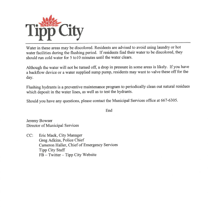Please see attached press release regarding hydrant flushing.