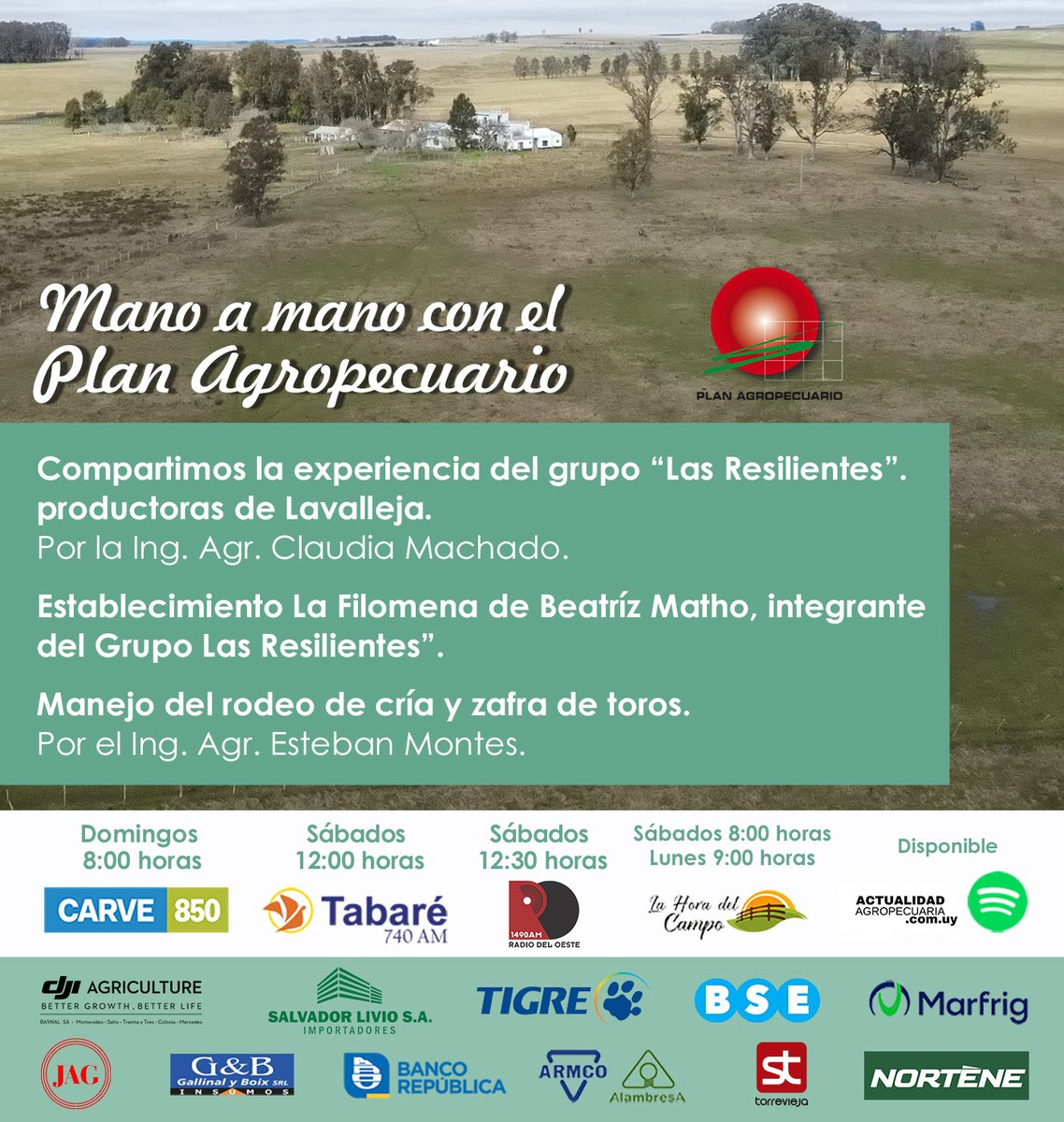 ¡Este fin de semana! en 📻Mano a Mano con el Plan 

✔️Experiencia del Grupo "Las Resilientes" #GruposPlan 📌Lavalleja 
🎙️Ing. Claudia Machado

✔️Establecimiento "La Filomena"
🎙️Beatríz Matho

✔️Rodeo de #cría y zafra de #toros
🎙️Ing. Esteban Montes
 
¡Te esperamos!