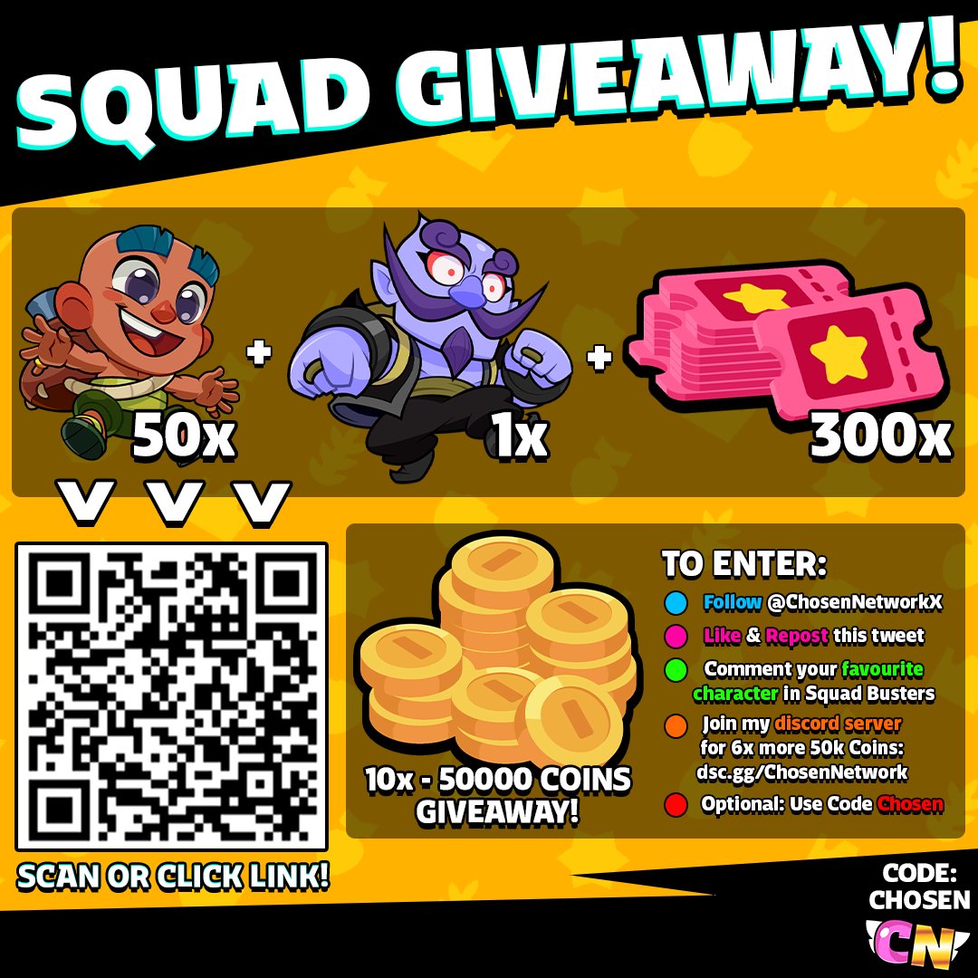 BrawlNetworkX's tweet photo. SQUAD BUSTERS MEGA GIVEAWAY! 🔥

SCAN QR OR CLICK LINK TO CLAIM 50x Baby Traders, 1x Spooky Trader &amp; 300x Tickets! 👀

https://t.co/2b8VMV4UxA

Additionally, follow the other rules to win 50k Coins, Join my discord here: https://t.co/MJBwWUwBCi

#SquadBusters #SquadTraderGiveaway https://t.co/vrlqLgAdJx