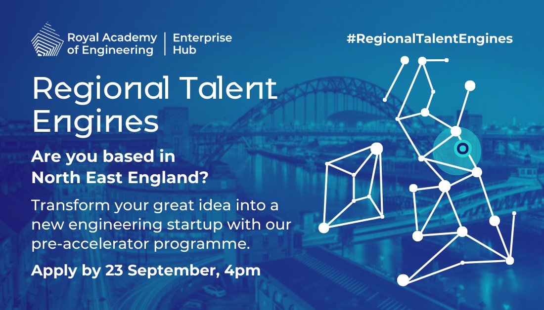 RAEng_Hub's tweet photo. Primed to accelerate with #RegionalTalentEngines! Are you based in North East England and dream of starting your own business? 

We can help you get your idea started, with a £20k grant and a package of hybrid training, coaching and networking. Apply now: https://t.co/iFF8sZzVT8 https://t.co/IFNbDZA2kr