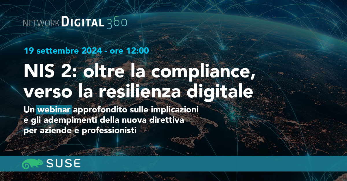 Cybersecurity360 (@cybersec360) on Twitter photo #Cybersicurezza sotto i riflettori: non perdere l’appuntamento per il webinar del 19 settembre dove analizziamo la #NIS2. 🛡️ <a href="/SUSE_Italia/">SUSE Italia</a>
Iscriviti qui > bit.ly/3A5E0i2 #Cybersicurezza sotto i riflettori: non perdere l’appuntamento per il webinar del 19 settembre dove analizziamo la #NIS2. 🛡️ <a href="/SUSE_Italia/">SUSE Italia</a>
Iscriviti qui > bit.ly/3A5E0i2