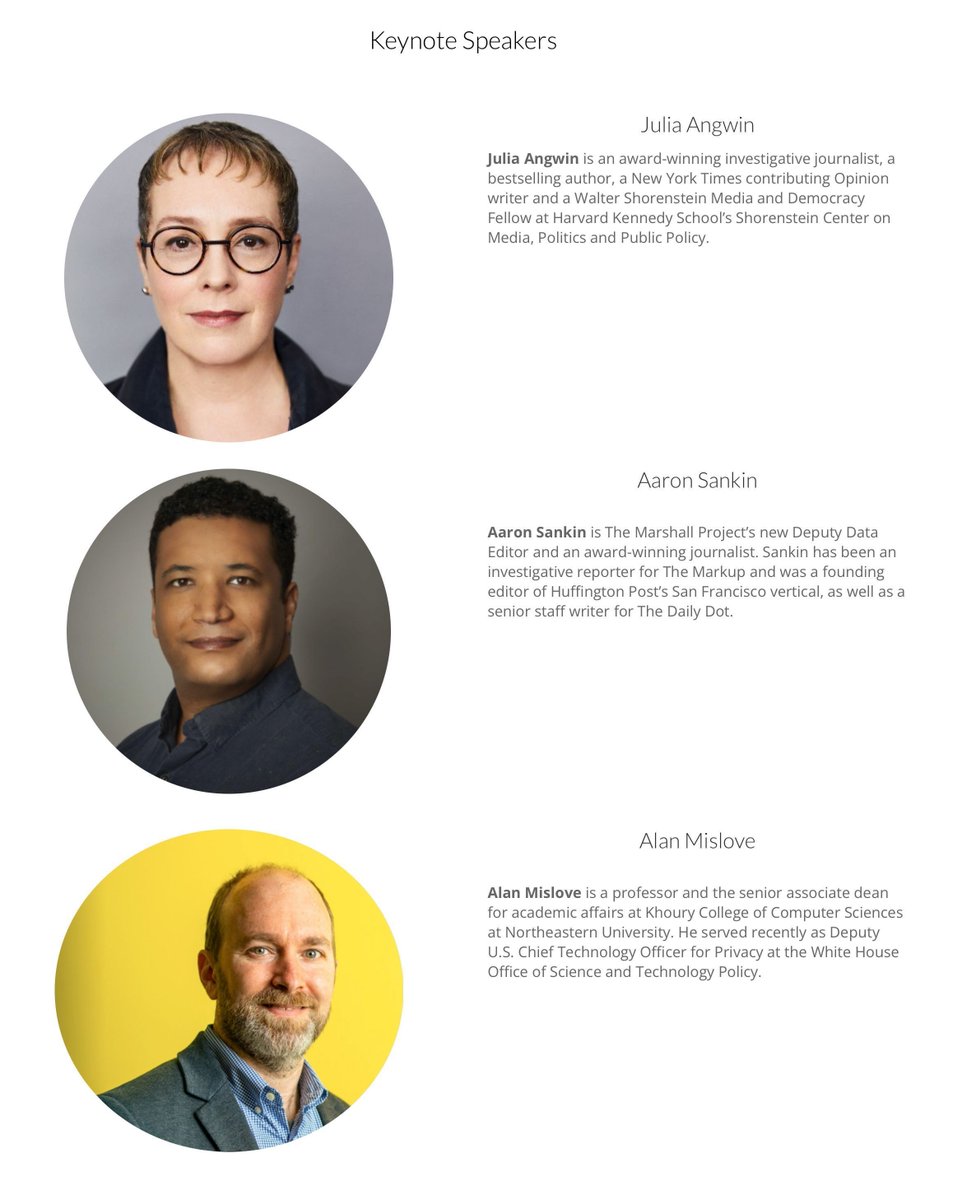 Rahul B (@rahulbot@vis.social) (@rahulbot) on Twitter photo Just announced: 3 amazing keynote speakers for C+J 👏🏽 <a href="/JuliaAngwin/">Julia Angwin</a>, <a href="/ASankin/">Aaron Sankin</a>, Alan Mislove. Join us Oct 25-27 in Boston at Northeastern. Registration live: idi.provost.northeastern.edu/event-director… Just announced: 3 amazing keynote speakers for C+J 👏🏽 <a href="/JuliaAngwin/">Julia Angwin</a>, <a href="/ASankin/">Aaron Sankin</a>, Alan Mislove. Join us Oct 25-27 in Boston at Northeastern. Registration live: idi.provost.northeastern.edu/event-director…