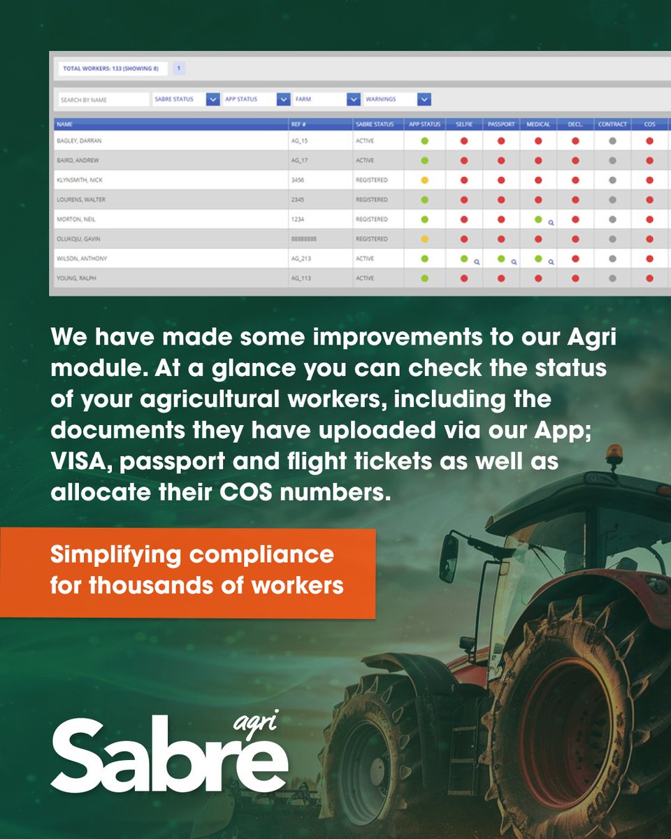 sabremssoftware's tweet image. Enhanced Agri Module by Sabre: Quickly check the status and documents of agricultural workers, from visas to flight tickets, all via our app. Simplifying compliance, one worker at a time. #AgriTech #ComplianceSimplified #SabreDifference #WorkforceManagement  #DocumentTracking