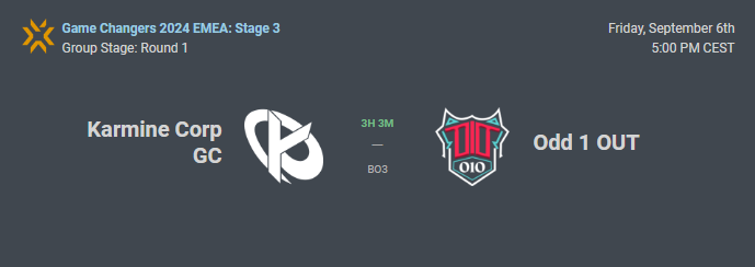 O1O (@odd1out_) on Twitter photo 🔹MATCH DAY🔹
Our #VCTGameChangersEMEA📷 Stage 3 run starts today! 🥳
🕑5PM CEST
🆚 <a href="/KarmineCorp/">Karmine Corp</a> GC
📺 twitch.tv/dive_gg
#SignOdd1Out 🔹MATCH DAY🔹
Our #VCTGameChangersEMEA📷 Stage 3 run starts today! 🥳
🕑5PM CEST
🆚 <a href="/KarmineCorp/">Karmine Corp</a> GC
📺 twitch.tv/dive_gg
#SignOdd1Out