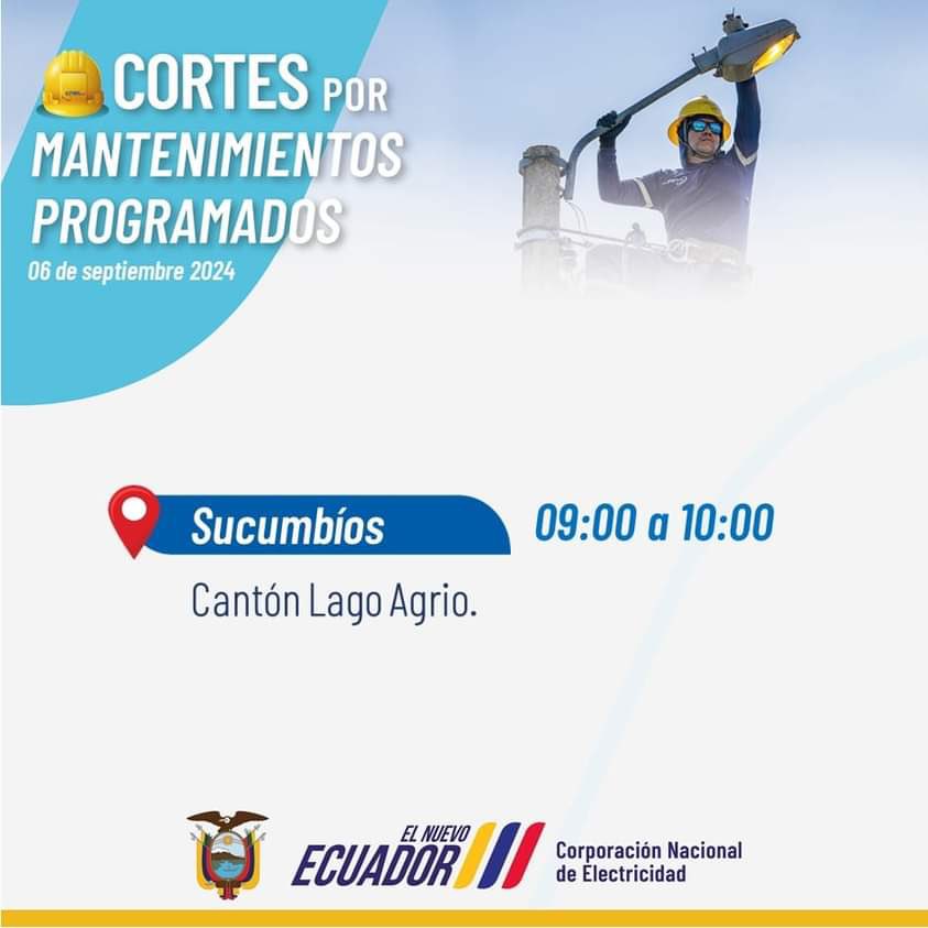 TVCISNE's tweet photo. #Importante||

Tomar precauciones ante cortes por mantenimientos programados este 6 de septiembre del 2024.

Se indica que será en todo el cantón Lago Agrio, en el horario de 09:00 a 10:00 horas.

Tv Cisne Digital
Oscar Campoverde https://t.co/JON6TJKJ5O