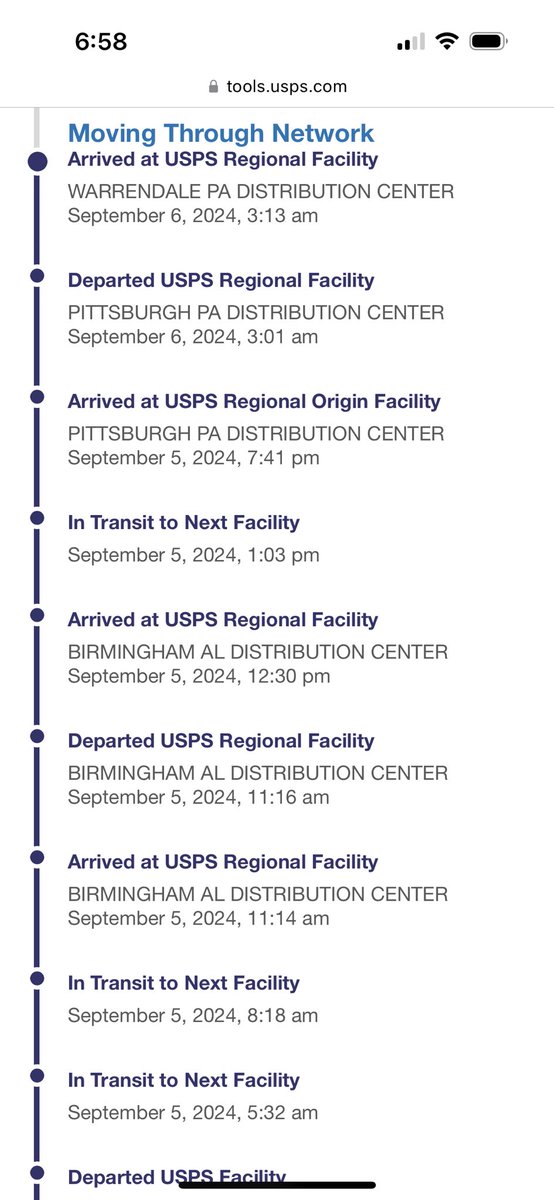 Can’t imagine why <a href="/USPS/">U.S. Postal Service</a> is constantly running out of money. Below is the tracking history showing a shipment to me near Birmingham arrived in Birmingham before being shipped back to the original departure center in Pennsylvania yesterday. Time to let the <a href="/USPS/">U.S. Postal Service</a> fold up shop.