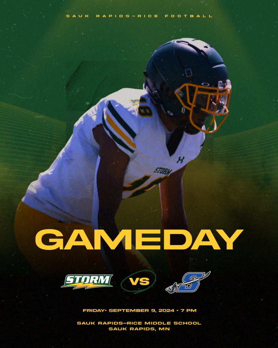 It's Gameday! Tonight your Sauk Rapids-Rice Storm return home to host the Sartell Sabres. 

🕖:  7:00 PM 
📍:  Sauk Rapids-Rice Middle School Stadium
🎥: storm.isd47.org/find-it-fast/w…
 🎟️ : shorturl.at/goqb1 (No Cash Sales, online or credit card only)