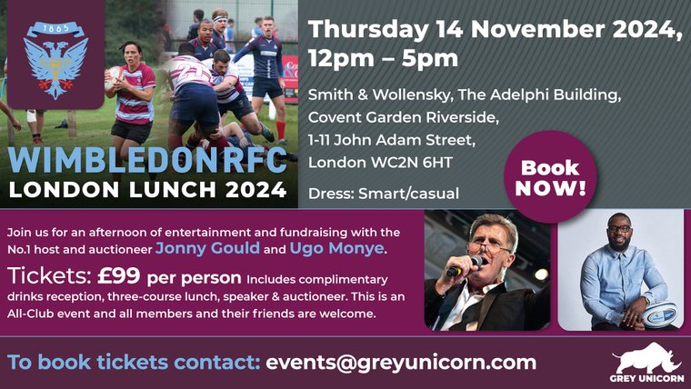 Wimbledon RFC (@wimbledonrfc) on Twitter photo London Lunch 2024 
Join us on Thursday 14th Nov for an exclusive afternoon of entertainment and fundraising, featuring the renowned host and auctioneer Jonny Gould, alongside special guest Ugo Monye.
wimbledonrfc.co.uk/news/london-lu… London Lunch 2024 
Join us on Thursday 14th Nov for an exclusive afternoon of entertainment and fundraising, featuring the renowned host and auctioneer Jonny Gould, alongside special guest Ugo Monye.
wimbledonrfc.co.uk/news/london-lu…