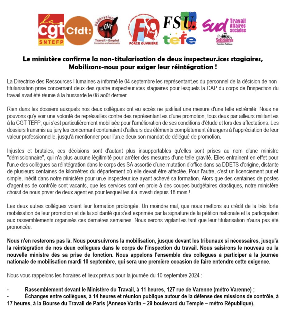 Une décision scandaleuse d'une Ministre démissionnaire !
Nos deux camarades ne sont pas titularisé•es ! Rien dans leur dossier ne justifie cette mesure brutale et définitive ! 
Soutien total ! On ne lâche rien ! RDV le 10/09 pour le dire haut et fort ✊🏻
Le communiqué inter-OS 👇🏻